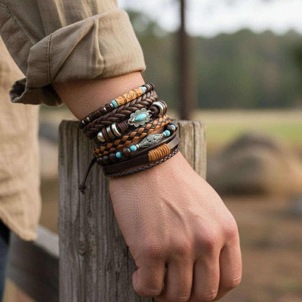 Western Inspired Bracelets Turquoise & Silver-Tone Bead Vegan Leather Adjustable